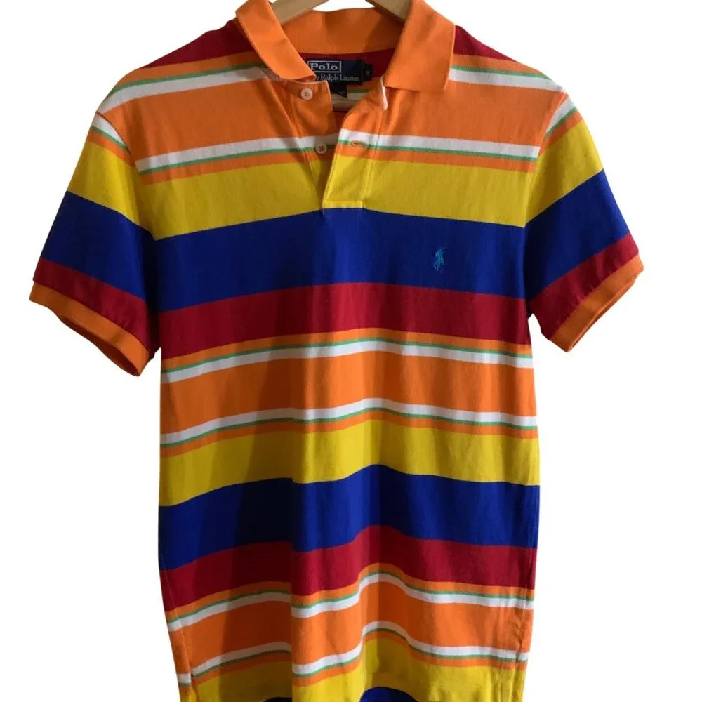 Mens Custom Fit Multicolor Striped Polo Shirt M 100% Cotton Classic Dopamine Y2K